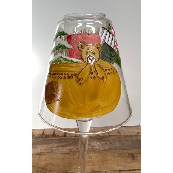 Artisan Hand-Painted Bear Scene Glass Candle Holder Tall Stem Decorative Accent - Picture 2 of 5